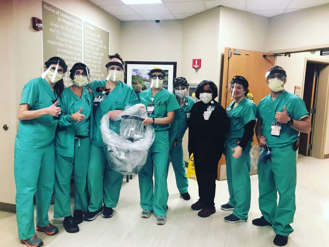 Health care workers at Alaska Regional Hospital in Anchorage wearing face shields designed by Katz and Collins. 