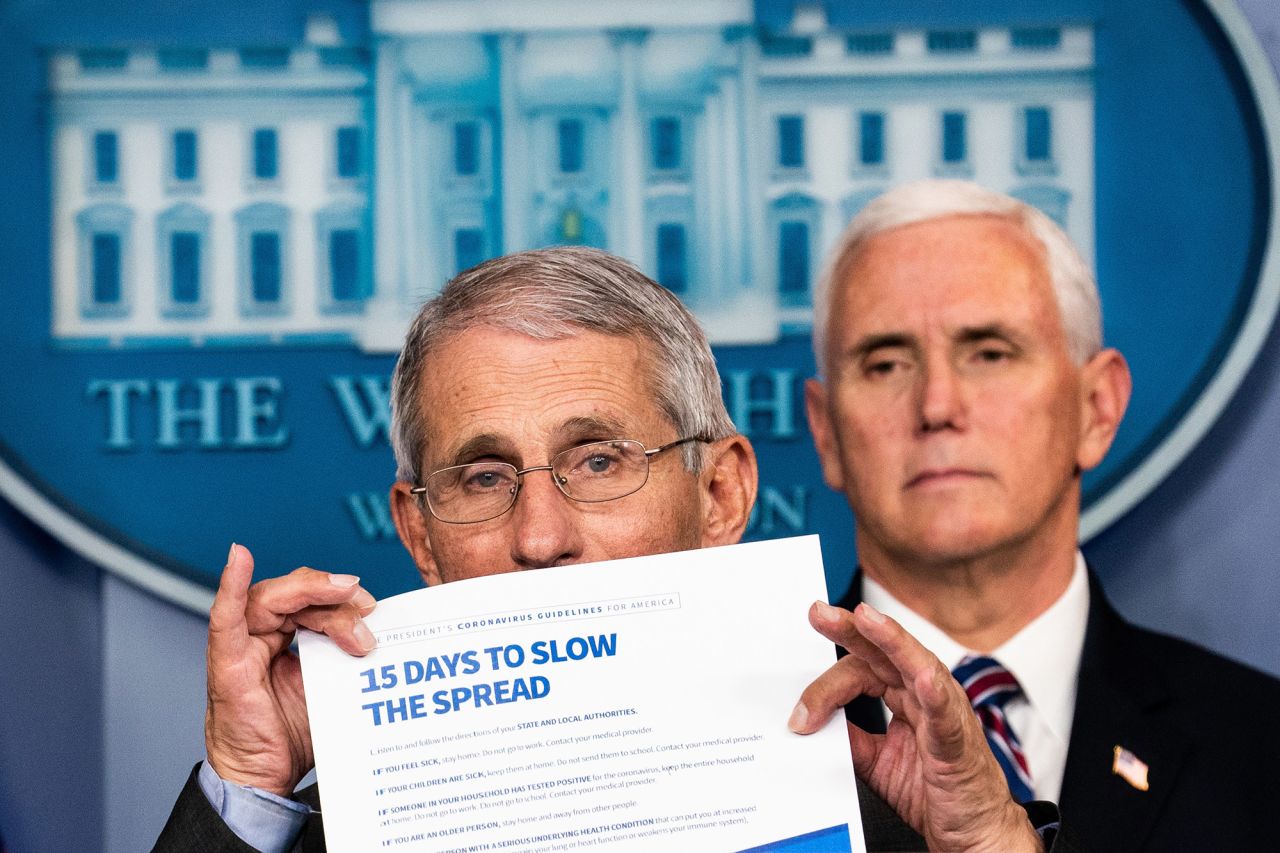 Fauci displays guidelines to slow the spread of the coronavirus during a White House news conference in March 2020.
