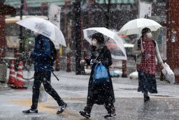 Snow falls as people wearing face masks walk through Tokyo's  Asakusa district on March 29.