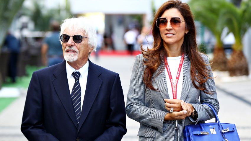 SOCHI, RUSSIA - SEPTEMBER 29: Bernie Ecclestone, Chairman Emeritus of the Formula One Group, and his wife Fabiana walk in the Paddock before the F1 Grand Prix of Russia at Sochi Autodrom on September 29, 2019 in Sochi, Russia. (Photo by Mark Thompson/Getty Images)