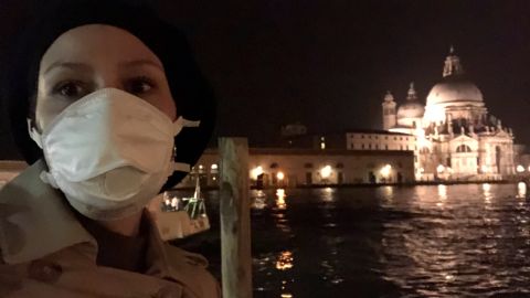 Valentina Di Donato wears a mask while on assignment to cover the outbreak of coronavirus in Venice.