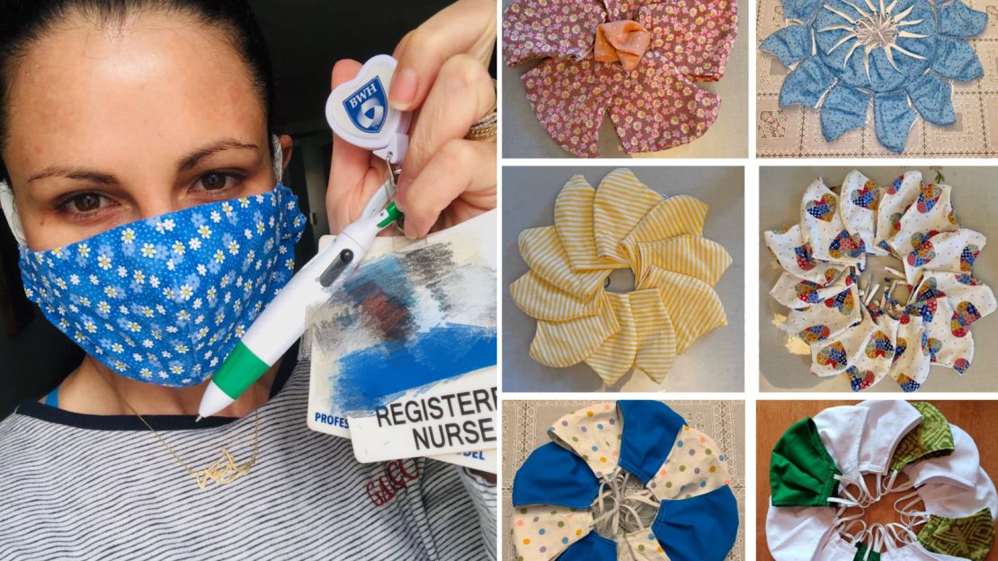 On the left, a nurse at a Boston Area Hospital wears a homemade face mask. On the right are examples of the masks on offer.
