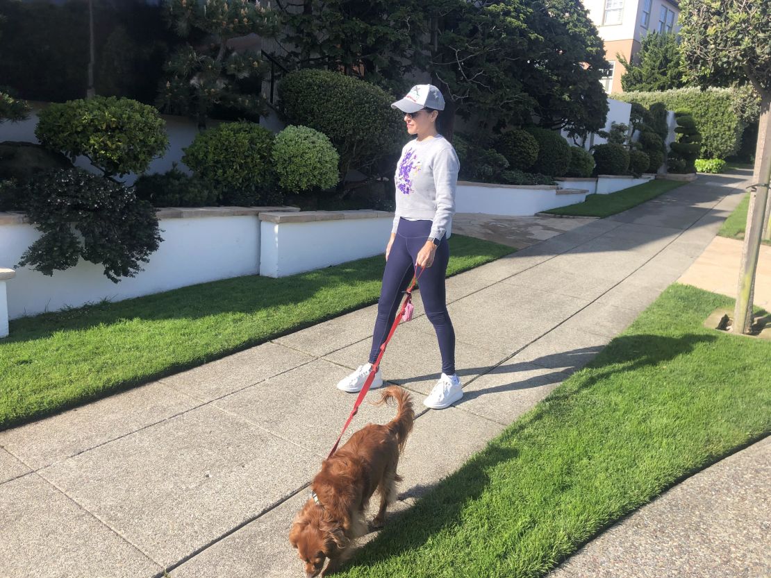 Simon's wife Katherine makes sure to stay more than 6 feet away from anyone she sees out while walking the family dog, Coco.