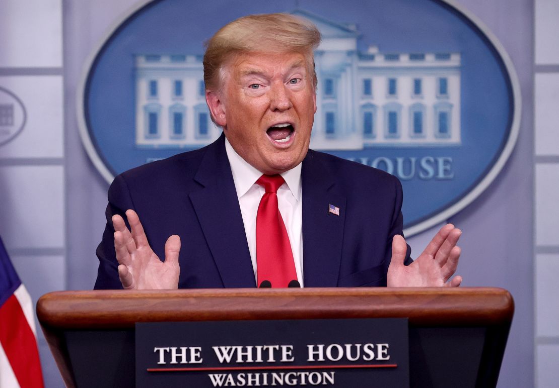 President Donald Trump answers questions with members of the White House Coronavirus Task Force on April 3, 2020 in Washington.