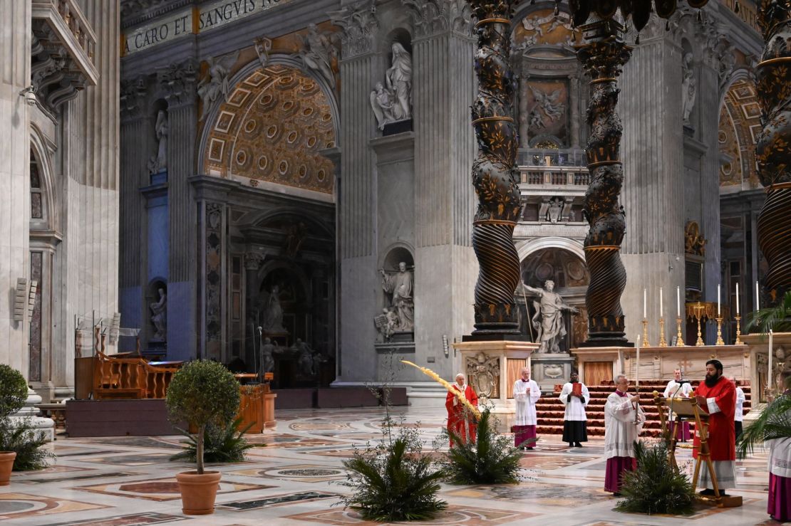 Pope Francis celebrates Palm Sunday mass behind closed doors at the Chair of Saint Peter in St. Peter's Basilica.
