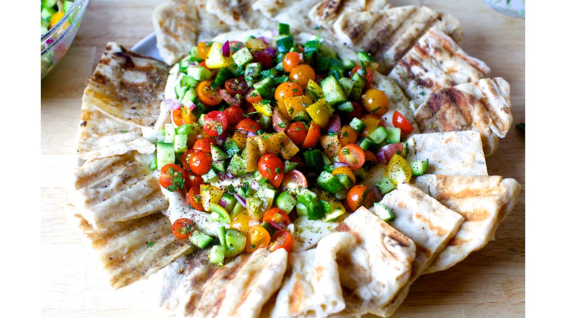 Hummus Heaped with Tomatoes and Cucumbers