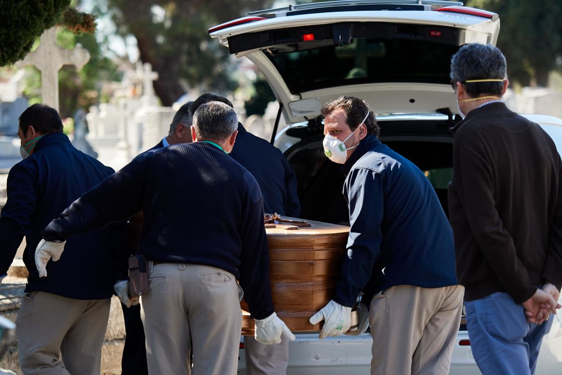 Mortuary employees and relatives at a burial of a patient at La Almudena cemetery on Saturday.