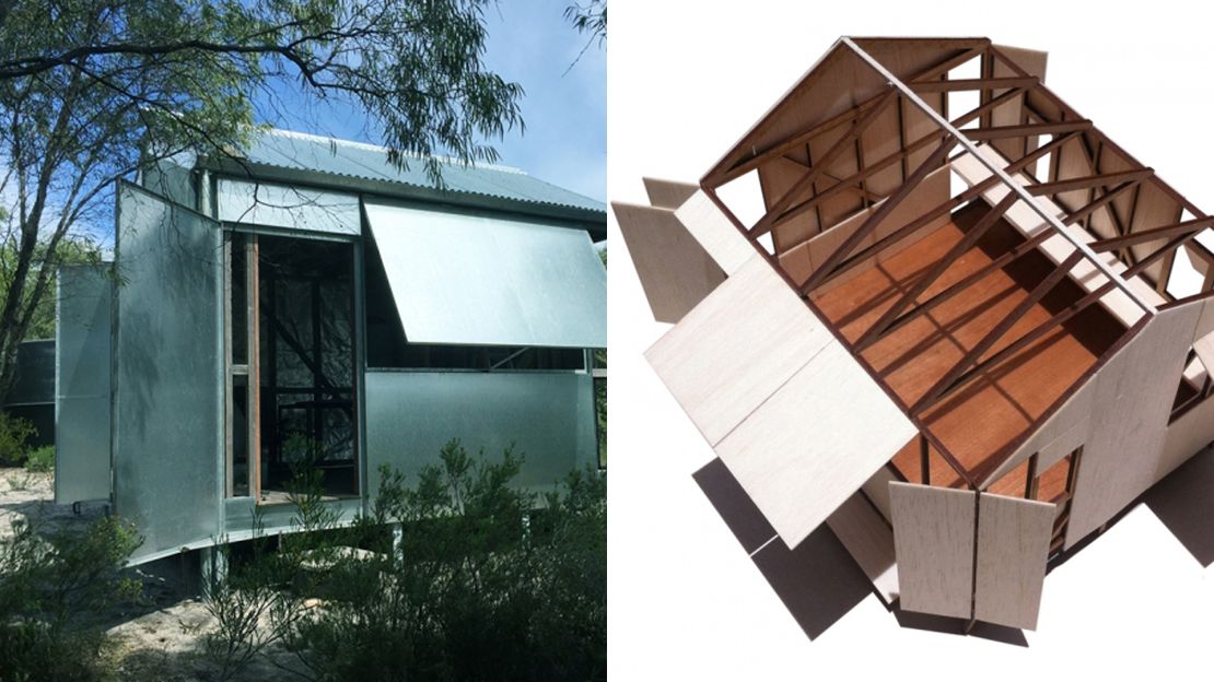 The panels on this prototype by architect Ian Weir are able to fold down to protect the house from flames. Galvanized steel panels cover bushfire-proof fabric. The idea is that owners should seal their house as a fire approaches -- then leave.