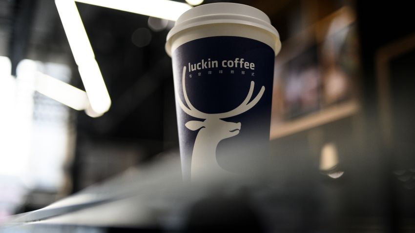 Picture of a cup of coffee at a Luckin Coffee on January 14, 2019. - When Starbucks came to China two decades ago it promised to open a new store every 15 hours. Now a homegrown rival, Luckin Coffee, plans to build a high tech-driven shop every three and a half hours to dethrone the US giant. The Chinese upstart is burning through millions of dollars to lure customers with steep discounts, challenging Starbucks' dominance by targeting office workers and students who prefer to have their java on-the-go or delivered to their doorstep. (Photo by Fred Dufour/AFP/Getty Images)
