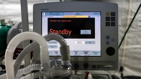 A ventilator and other hospital equipment is seen in an emergency field hospital in New York's Central Park to aid in the response to the Covid-19 pandemic.