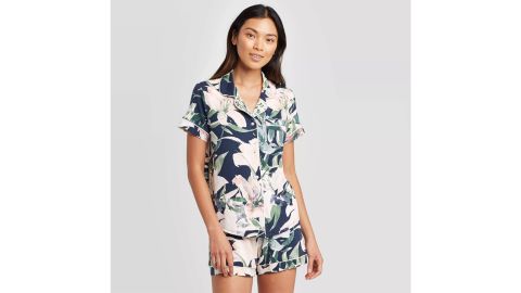 Stars Above Blue Floral Print Beautifully Soft Notch Collar Pajama Set