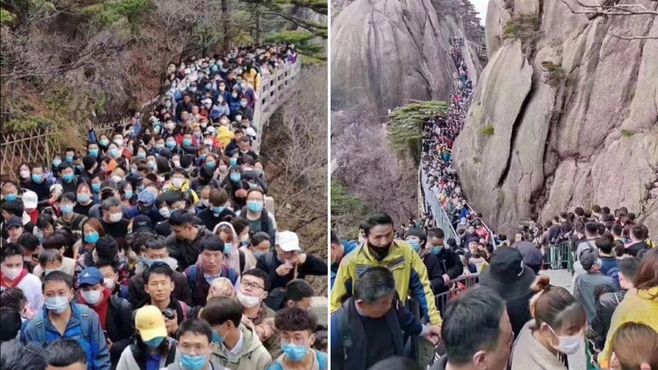 Visitors pack Anhui province's Huangshan mountain park on April 4, exceeding the visitor limit of 20,000.