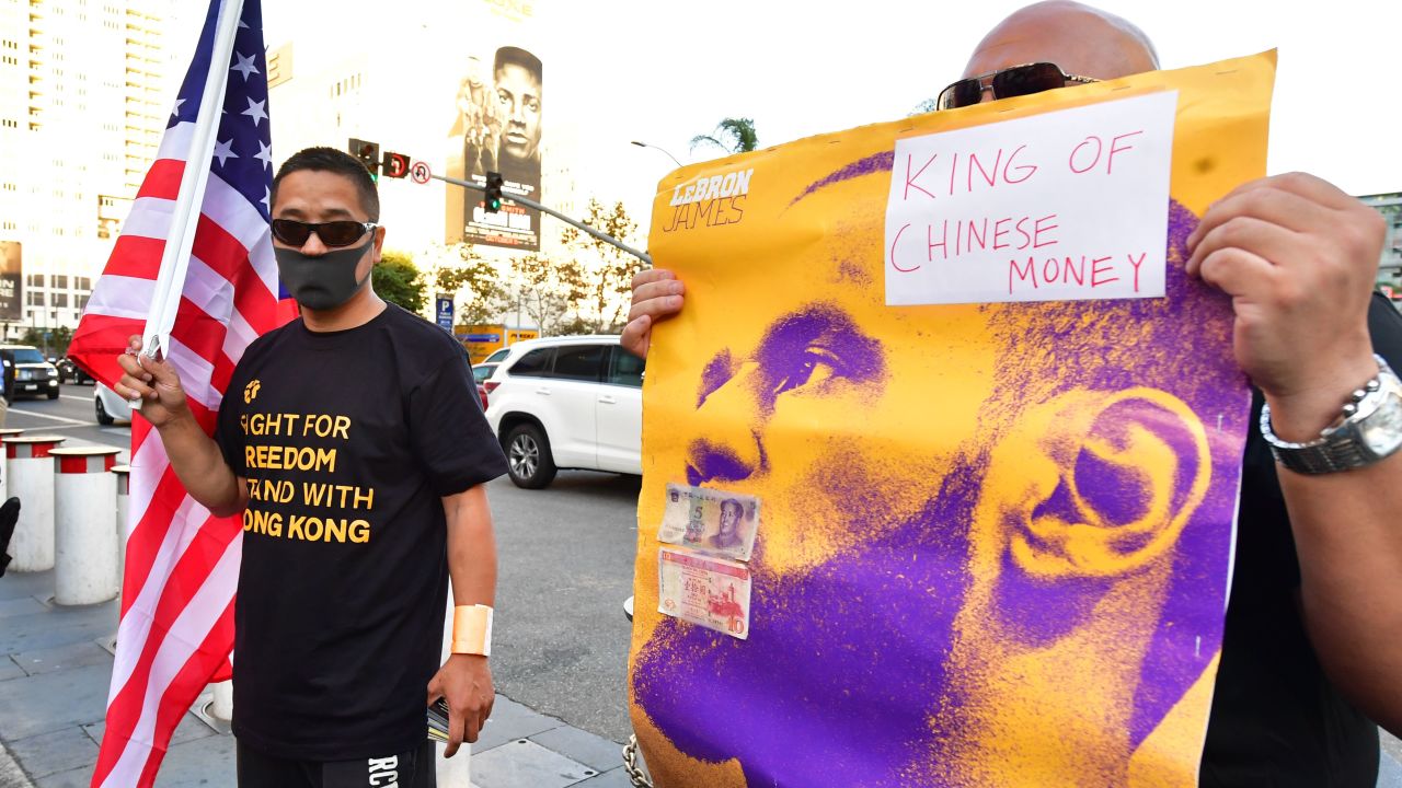 Anti-Chinese Communist Party activists protest outside Staples Center where free t-shirts were distributed supporting Hong Kong.