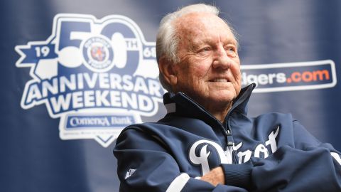 Former Detroit Tigers outfielder and baseball Hall-of-Famer Al Kaline looks on and smiles during a Q & A session to honor the 50th anniversary of the 1968 Tigers World Championship on September 9, 2018.