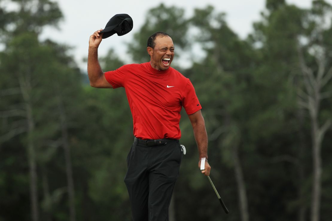 Tiger Woods celebrates after winning the 2019 Masters. 