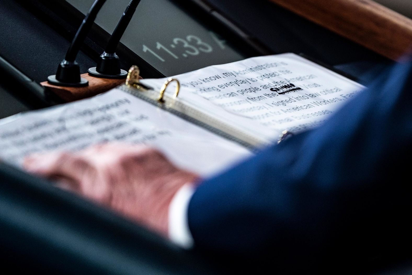 A close-up of Trump's notes shows where <a href="https://www.cnn.com/world/live-news/coronavirus-outbreak-03-19-20-intl-hnk/h_21c623966aa148dbeed242de4e94943e" target="_blank">the word "Corona" was crossed out and replaced with "Chinese"</a> as he speaks about the coronavirus at the White House on March 19. After consulting with medical experts and receiving guidance from the World Health Organization, CNN has determined that the term "Chinese virus" is inaccurate and considered stigmatizing.