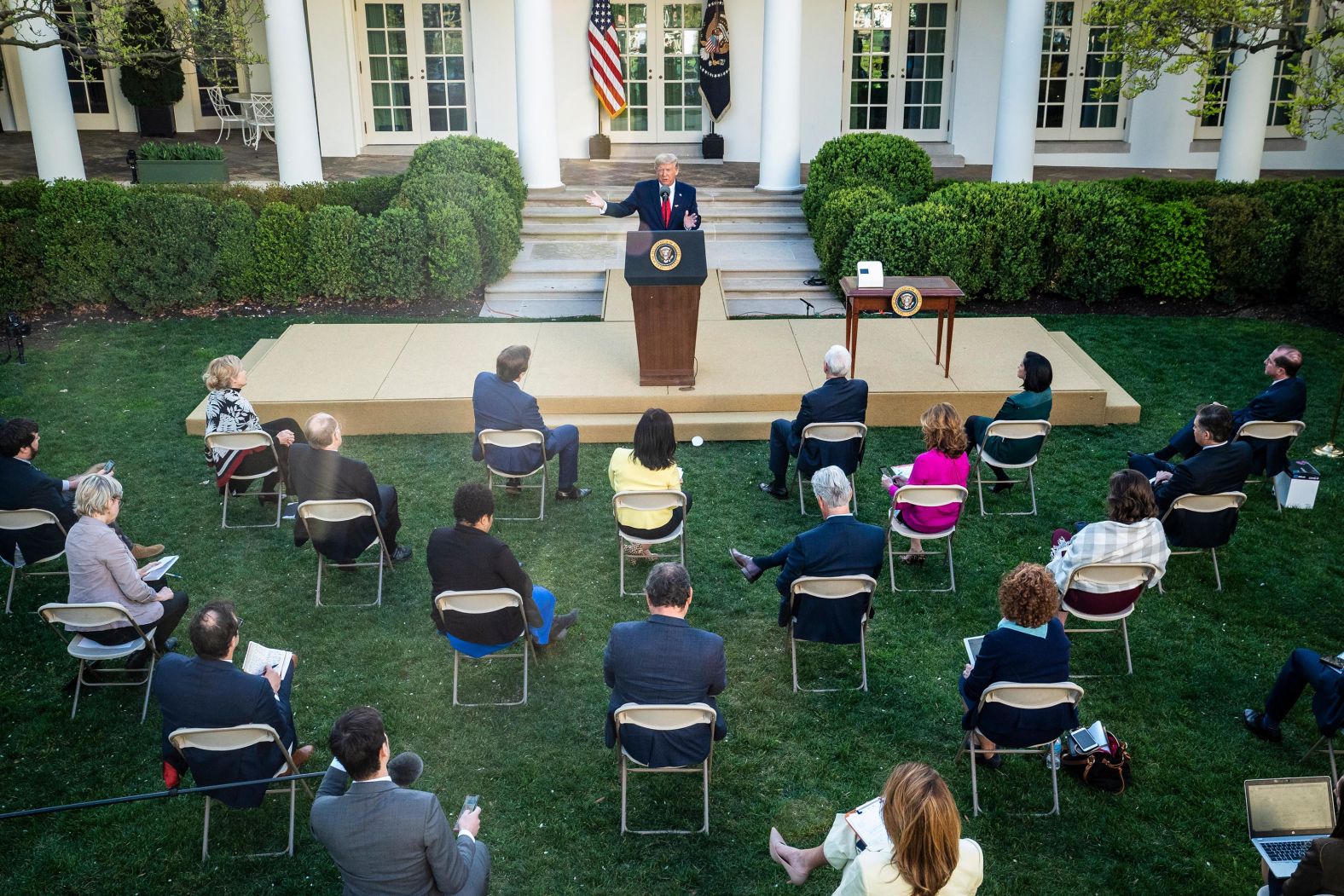 Trump speaks to reporters in the White House Rose Garden on March 30.