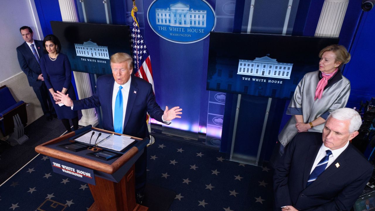 Administrator of the Centers for Medicare and Medicaid Services Seema Verma (L), US Vice President Mike Pence (R) and Response coordinator for White House Coronavirus Task Force Deborah Birx (2R) listen as US President Donald Trump (C) speaks during the daily briefing on the novel coronavirus, COVID-19, in the Brady Briefing Room at the White House on April 7, 2020, in Washington, DC. (Photo by MANDEL NGAN / AFP) (Photo by MANDEL NGAN/AFP via Getty Images)