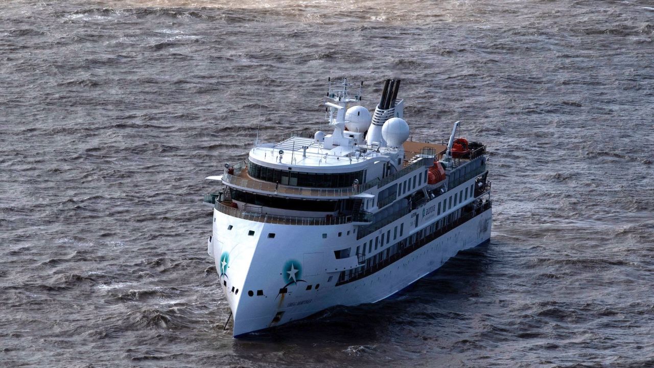 Aerial view of Australian cruise ship Greg Mortimer off the port of Montevideo on April 7, 2020.