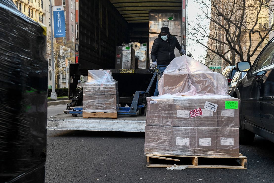 Medical supplies are delivered outside of Lenox Hill Hospital in New York on April 2, 2020. 