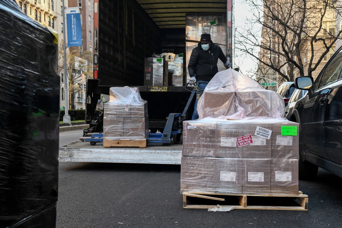 Medical supplies are delivered outside of Lenox Hill Hospital in New York on April 2, 2020.