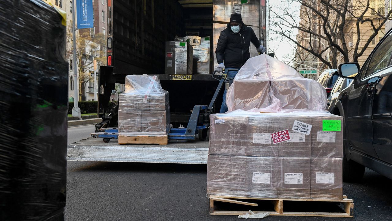 Medical supplies are delivered outside of Lenox Hill Hospital in New York on April 2, 2020. 