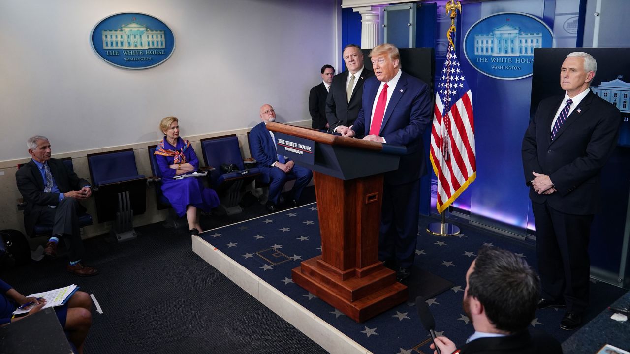 (L-R) Director of the National Institute of Allergy and Infectious Diseases Anthony Fauci, Response coordinator for White House Coronavirus Task Force Deborah Birx, CDC Director Robert R. Redfield, US Secretary of States Mike Pompeo, US President Donald Trump and US Vice President Mike Pence participate in the daily briefing on the novel coronavirus, COVID-19, in the Brady Briefing Room at the White House on April 8, 2020, in Washington, DC. (Photo by MANDEL NGAN / AFP) (Photo by MANDEL NGAN/AFP via Getty Images)