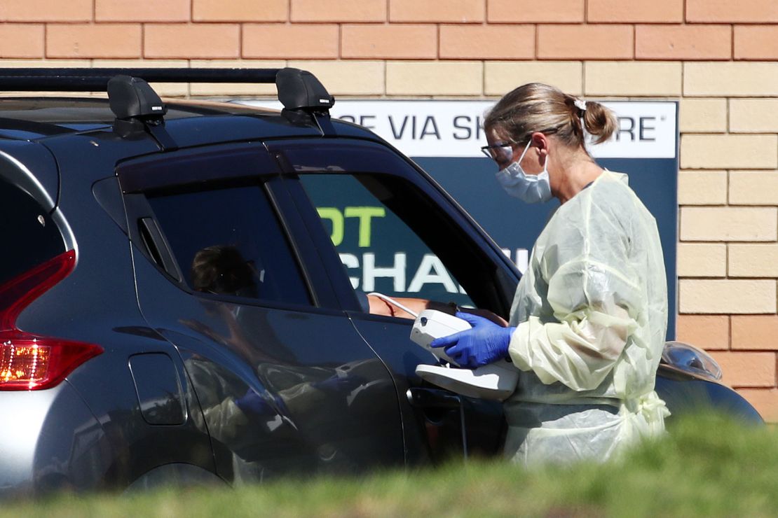 A nurse tests a member of the public at a Covid-19 drive through testing centre in Northcross on the North Shore on April 2, 2020 in Auckland, New Zealand. 