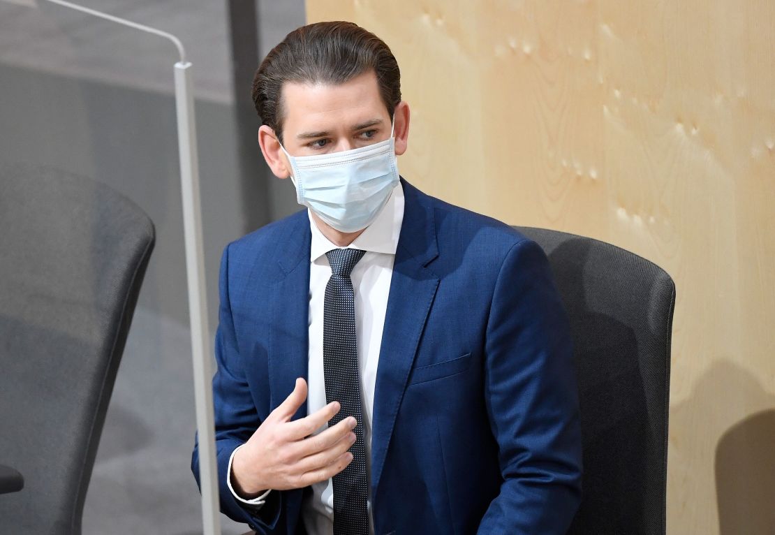 Austria's Chancellor Sebastian Kurz wears a protective mask as he arrives for a special session of the National Council on April 3 in Vienna.