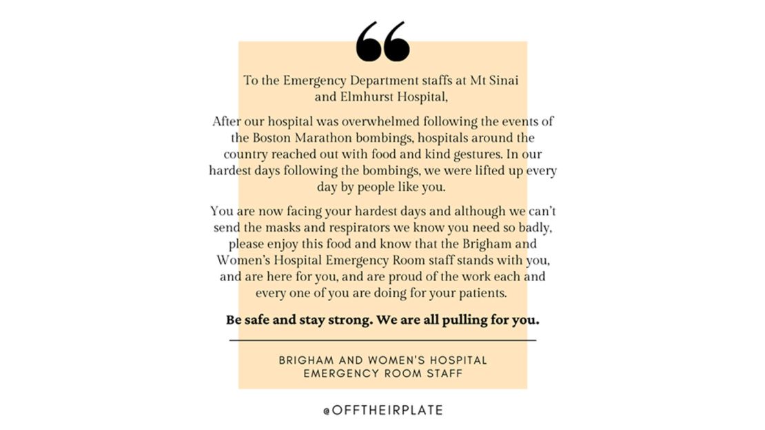 Emergency room staff from Brigham and Women's Hospital included a supportive note with their food donation to hospitals in New York.