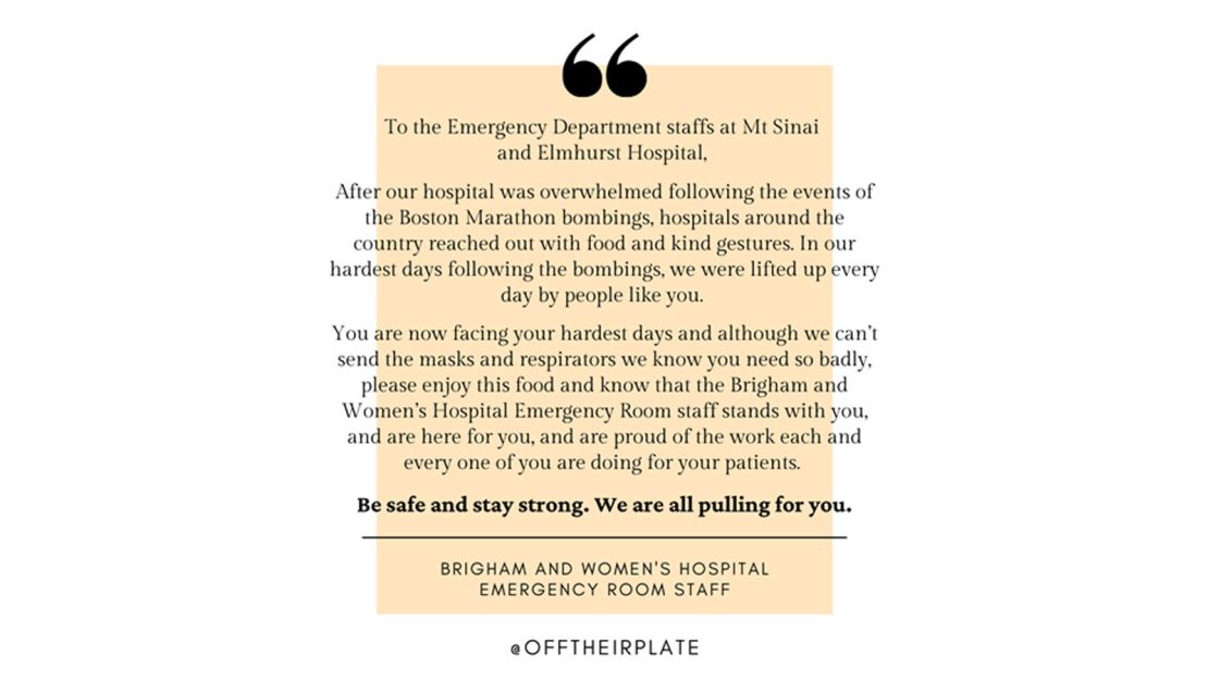 Emergency room staff from Brigham and Women's Hospital included a supportive note with their food donation to hospitals in New York.