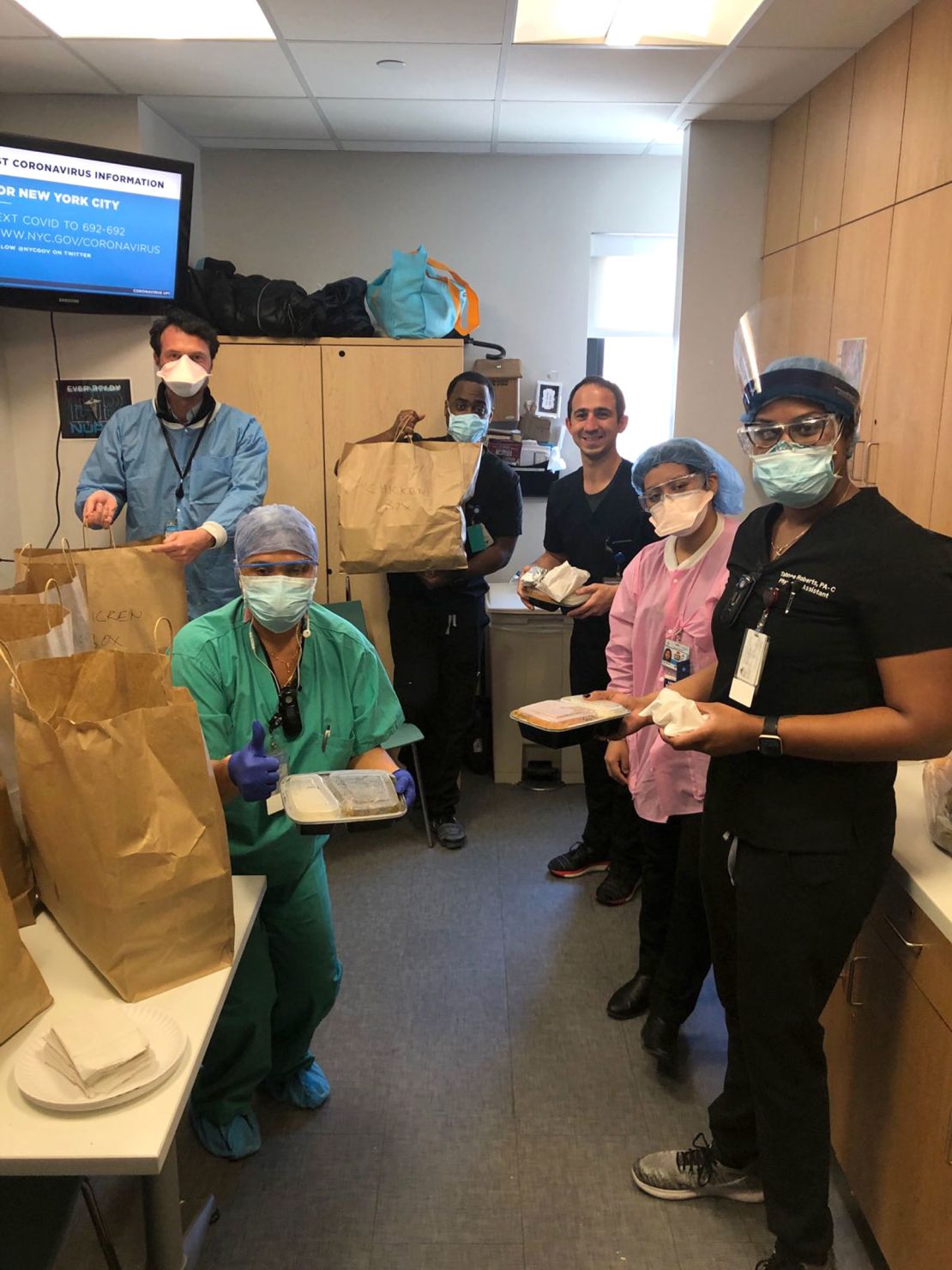 Mt. Sinai Queens' night shift staff enjoy meals donated to them by health care workers at Brigham and Women's Hostpital in Boston.
