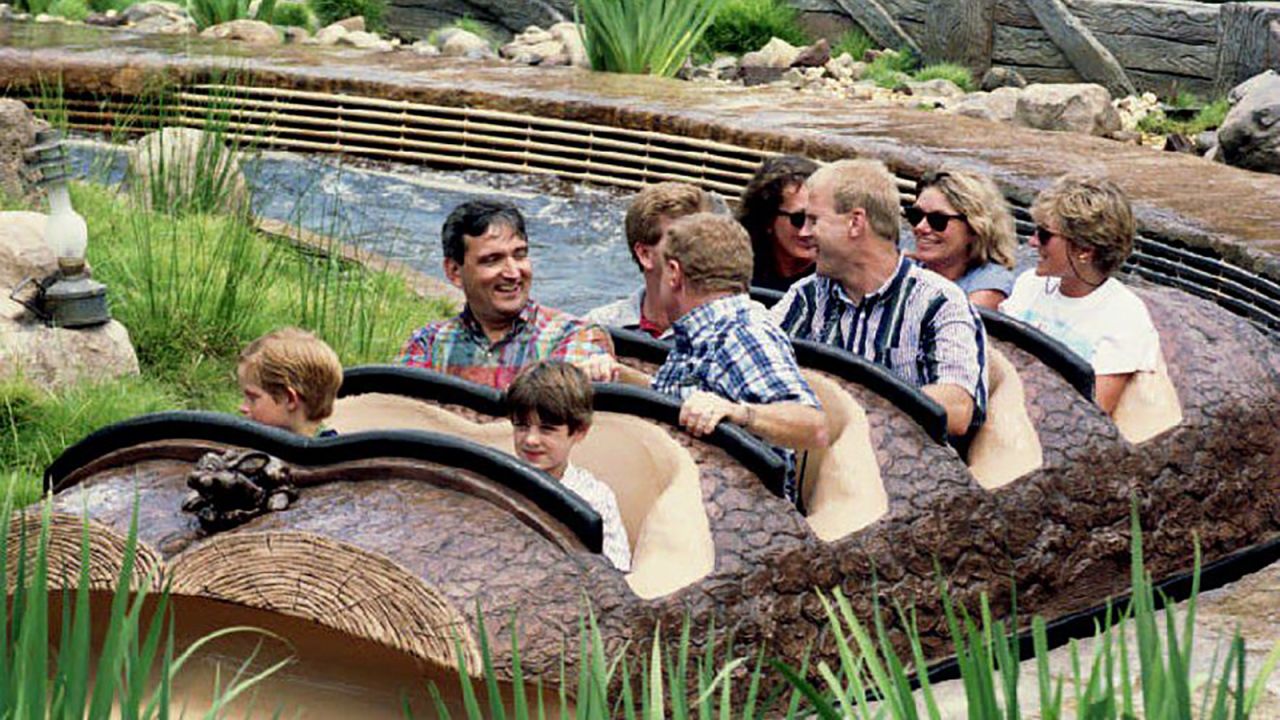 Princess Diana (back row, right), Kate Menzies (back row, center) and Catherine Soames (back row, left), ride Splash Mountain at Walt Disney World earlier in their trip. Prince Harry is front left. 