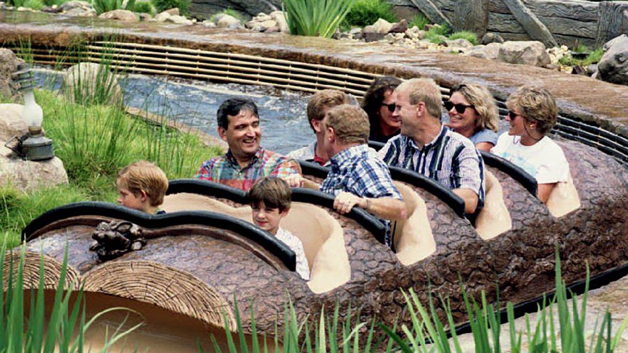 Princess Diana (back row, R) rides Splash Mountain at Disney World's Magic Kingdom in 1993.  