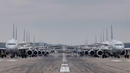 PITTSBURGH, PA - MARCH 27:  Jets are parked on runway 28 at the Pittsburgh International Airport on March 27, 2020 in Pittsburgh, Pennsylvania. Due to decreased flights as a result of the coronavirus (COVID-19) pandemic, close to 70 American Airlines planes are being stacked and parked at the airport. (Photo by Jeff Swensen/Getty Images)
