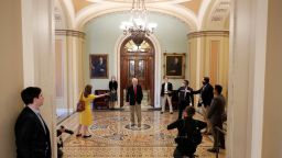 U.S. Senate Majority Leader Mitch McConnell (R-KY) speaks to members of the news media after departing from the Senate Chamber floor on Capitol Hill in Washington, U.S. , April 9, 2020. REUTERS/Tom Brenner     TPX IMAGES OF THE DAY
