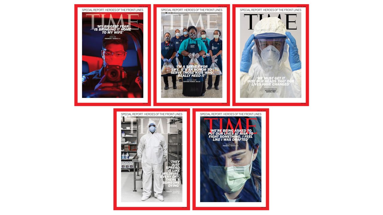 Time's latest issue features five covers, all honoring workers on the front line of the coronavirus pandemic. From cafeteria workers to paramedics, they share stories of how they do their jobs amidst a global crisis. 