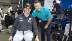 INDIANAPOLIS, IN - MAY 24: (L-R) IndyCar driver Robert Wickens is seen with former driver and SiriusXM Radio host AJ Allmendinger at the SiriusXM Radio stage on Indy 500 Carb Day at the Indianapolis Motor Speedway on May 24, 2019 in Indianapolis, Indiana. (Photo by Michael Hickey/Getty Images for SiriusXM)