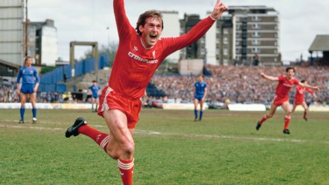 As Liverpool player-manager Kenny Dalglish celebrates after scoring the winning goal that gives Liverpool the Division One Championship for the 1985/86 season after beating Chelsea 1-0 at Stamford Bridge.