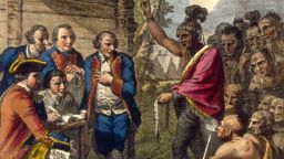 1764:  Pontiac,an Ottawa Indian, confronts Colonel Henry Bouquet (1719 - 1765) who authorised his officers to spread smallpox amongst native Americans by deliberately infecting blankets after peace talks.  (Photo by MPI/Getty Images)
