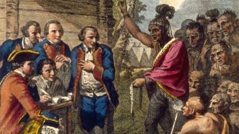 Pontiac, an Ottawa Indian, confronts Colonel Henry Bouquet, a leader of the British forces, who had authorized his officers in the 1700s to spread smallpox amongst Native Americans by infecting blankets.