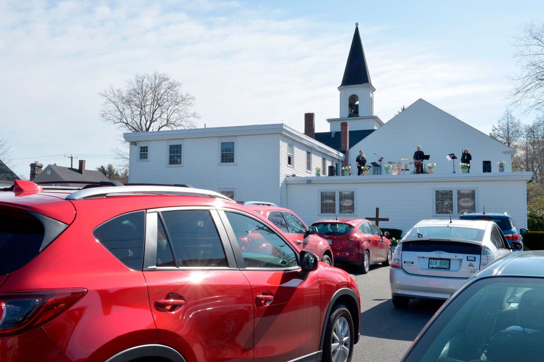 Parishioners at First Baptist Church in Plaistow, New Hampshire, attend a drive-in service.