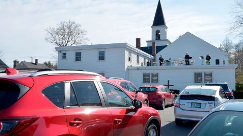 Parishioners at First Baptist Church in Plaistow, New Hampshire, attend a drive-in service.