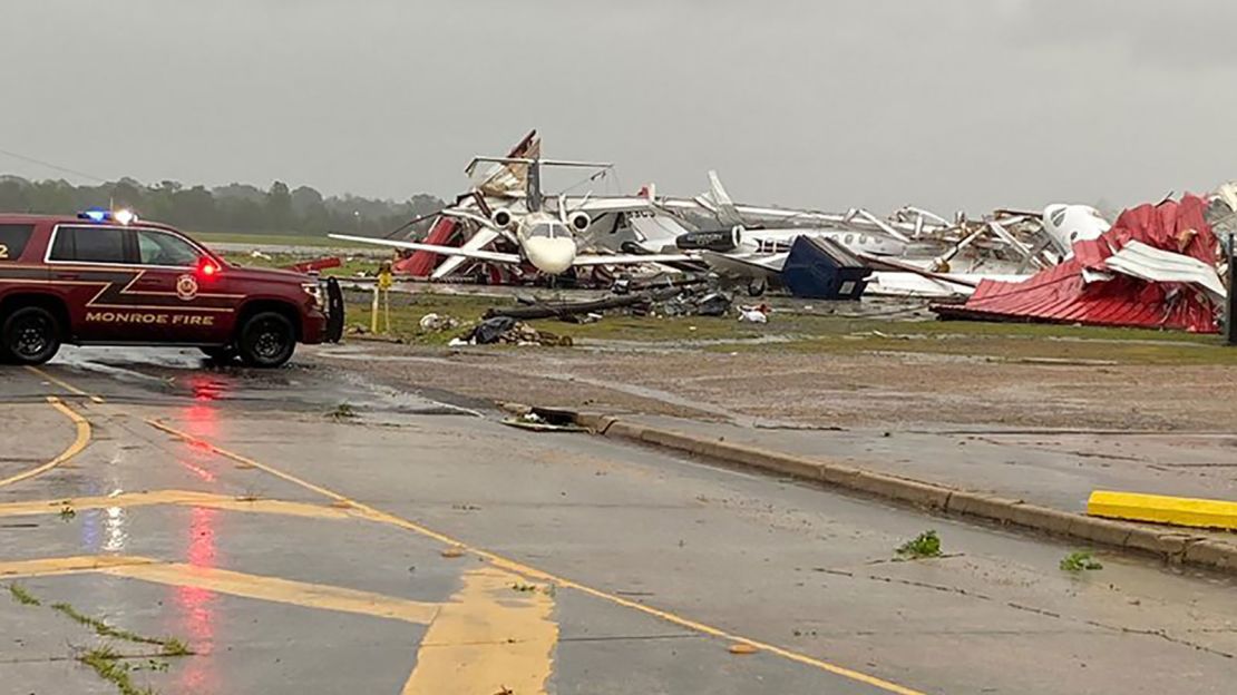 The airport in Monroe, Louisiana, suffered significant damage from the storm.