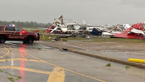 The airport in Monroe, Louisiana, suffered significant damage from the storm.