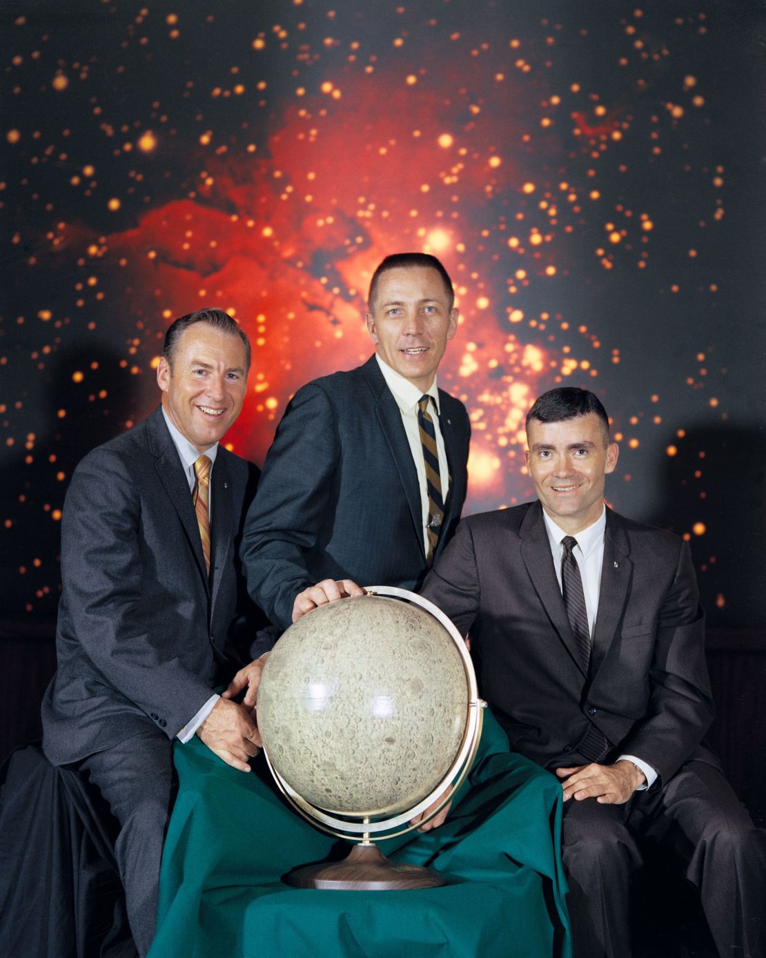 James A. Lovell Jr., commander; John L. Swigert Jr., command module pilot; and Fred W. Haise Jr., lunar module pilot (left to right) took their crew photo after returning from the mission. 
