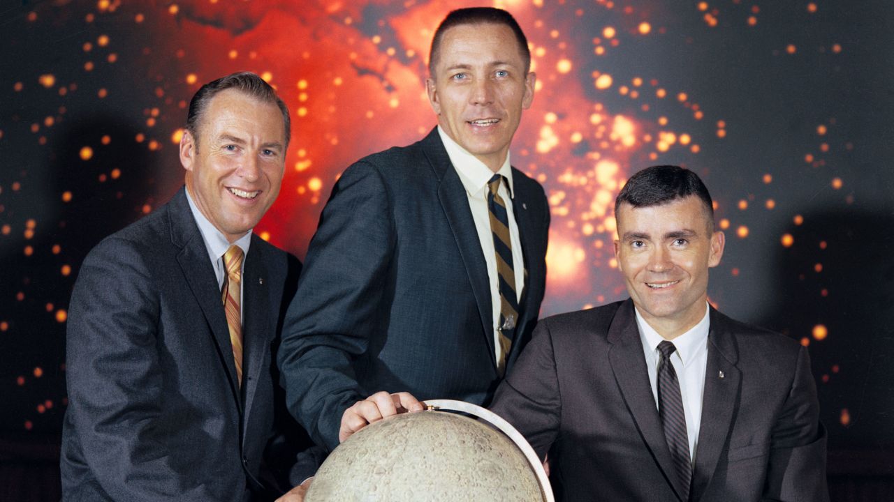 James A. Lovell Jr., commander; John L. Swigert Jr., command module pilot; and Fred W. Haise Jr., lunar module pilot (left to right) took their crew photo after returning from the mission. 
