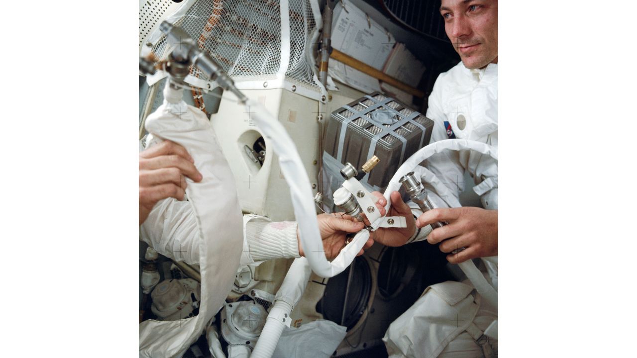 Plastic bags, tape and carboard were used to clear carbon dioxide from the lunar module. 