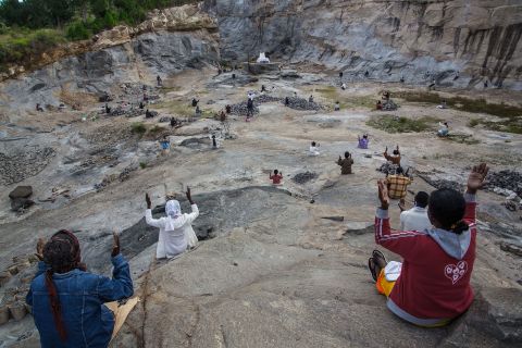 Pedro Opeka, founder of the Akamasoa Association, conducts the traditional Easter Mass in a granite quarry while maintaining social distancing in Antananarivo, Madagascar.