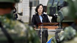 Taiwan President Tsai Ing-wen delivers her address to soldiers amid the Covid-19 coronavirus pandemic during her visit to a military base in Tainan, southern Taiwan, on April 9, 2020. 
